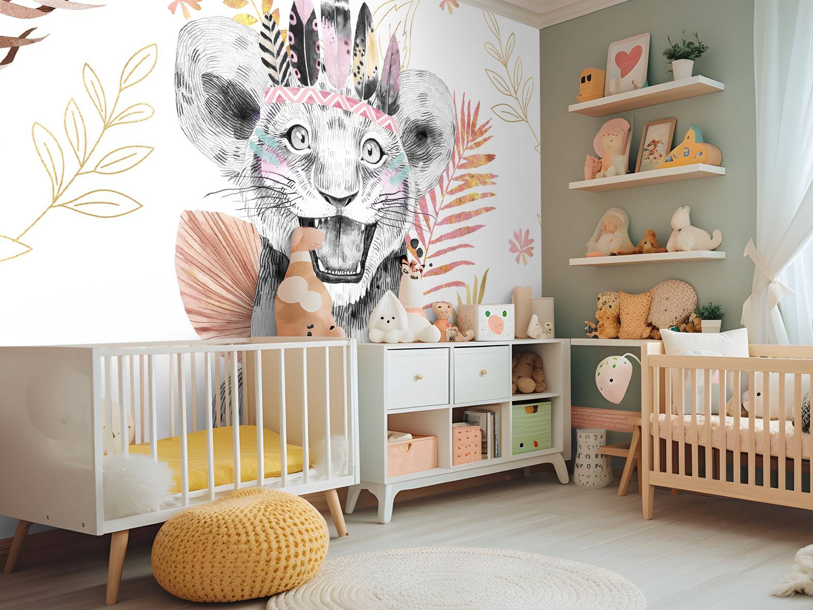 Löwenbaby mit korallenroten und goldenen Blättern