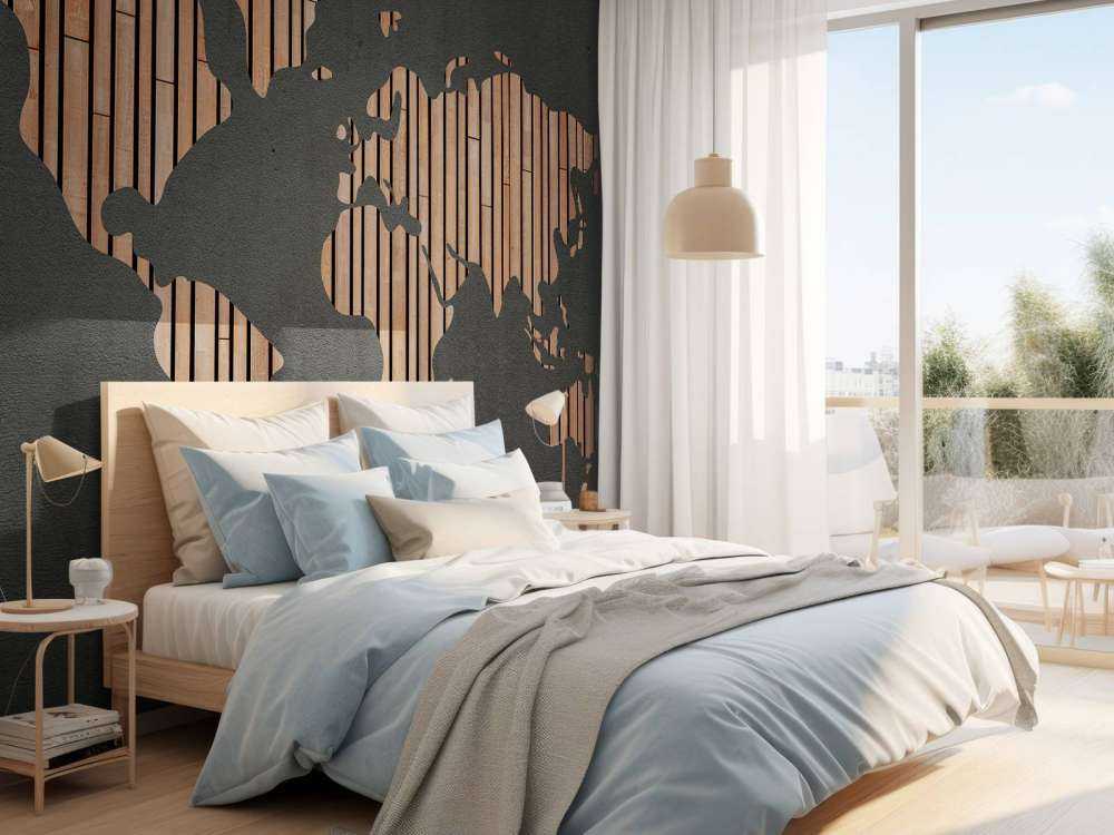 Weltkarte mit Holztafeln