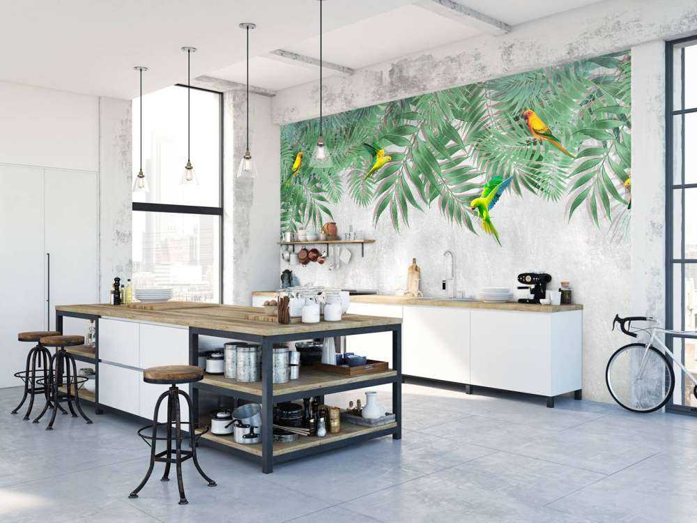 Tropische Blätter und Sittiche