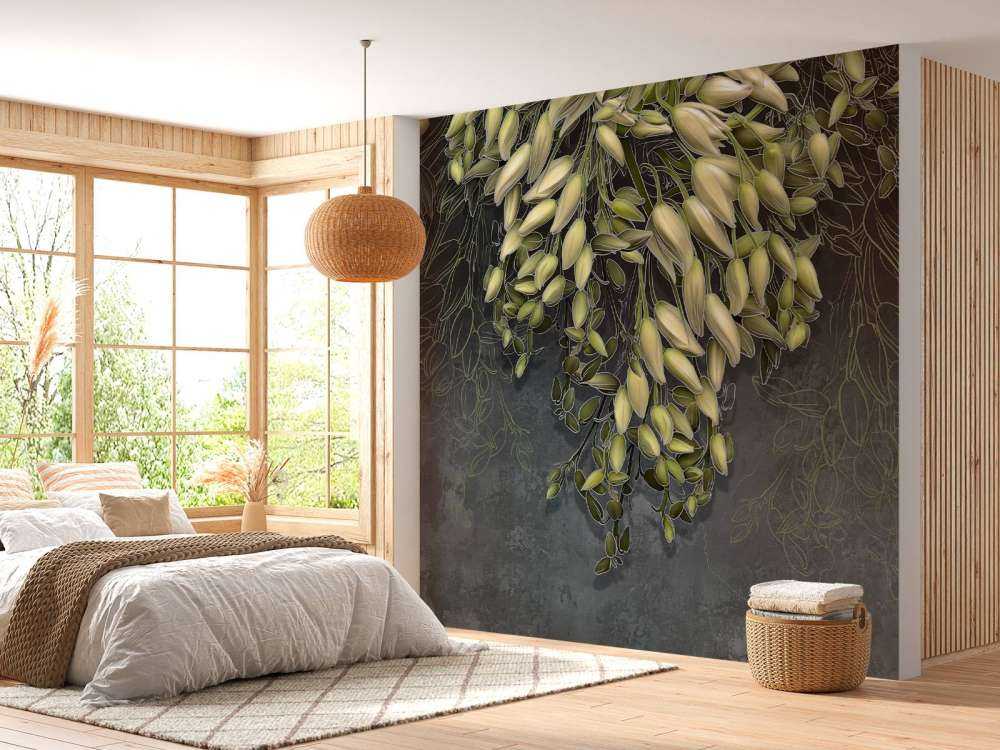 Weiße Blütenkelche auf dunkelgrauer Betonstruktur