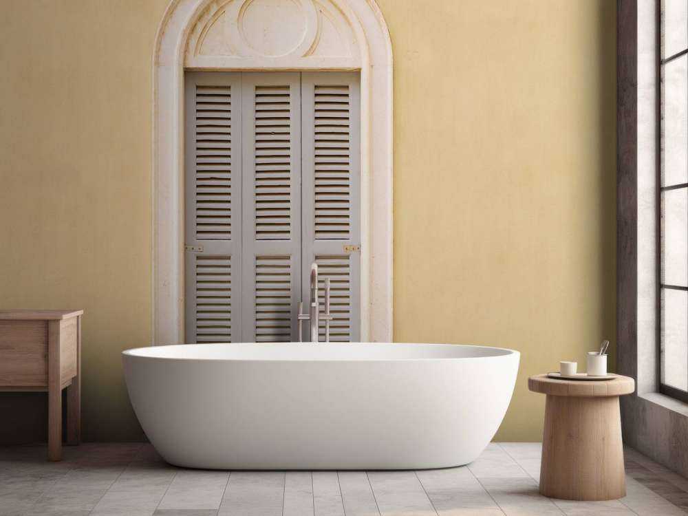 Fenster mit hölzernen Fensterläden auf gelber Wand