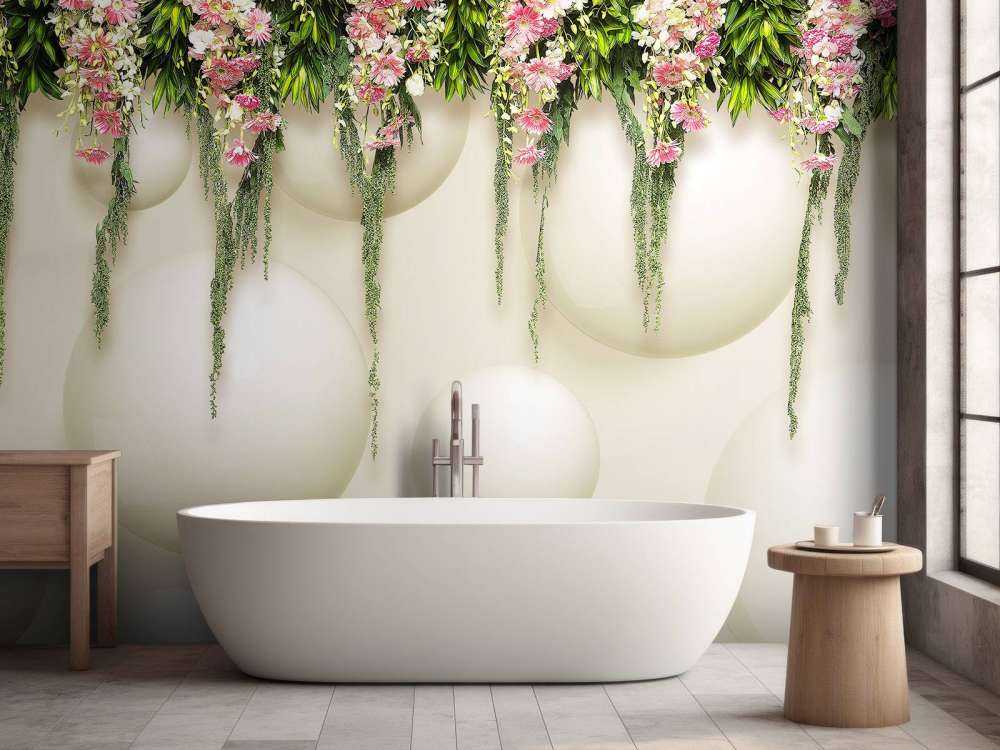 Hängende rosa Blumen an 3D-Wand