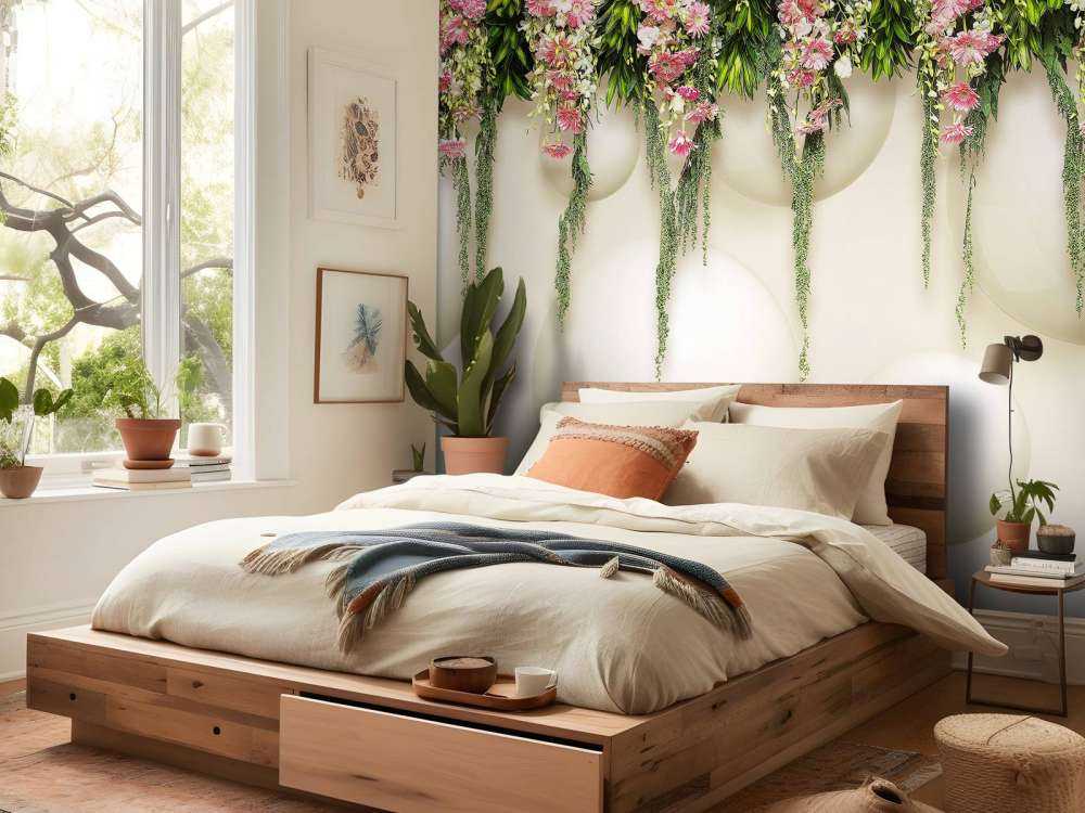 Hängende rosa Blumen an 3D-Wand