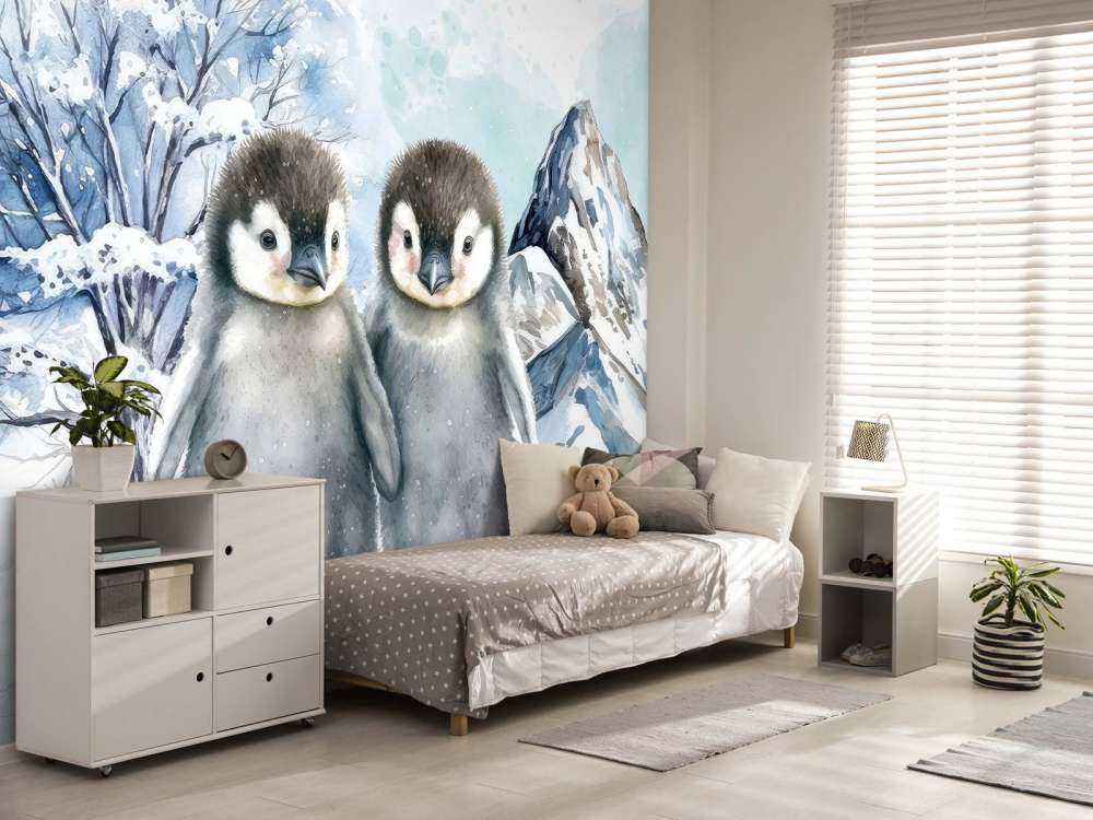 Schattige Pinguine im Winterlandschaft
