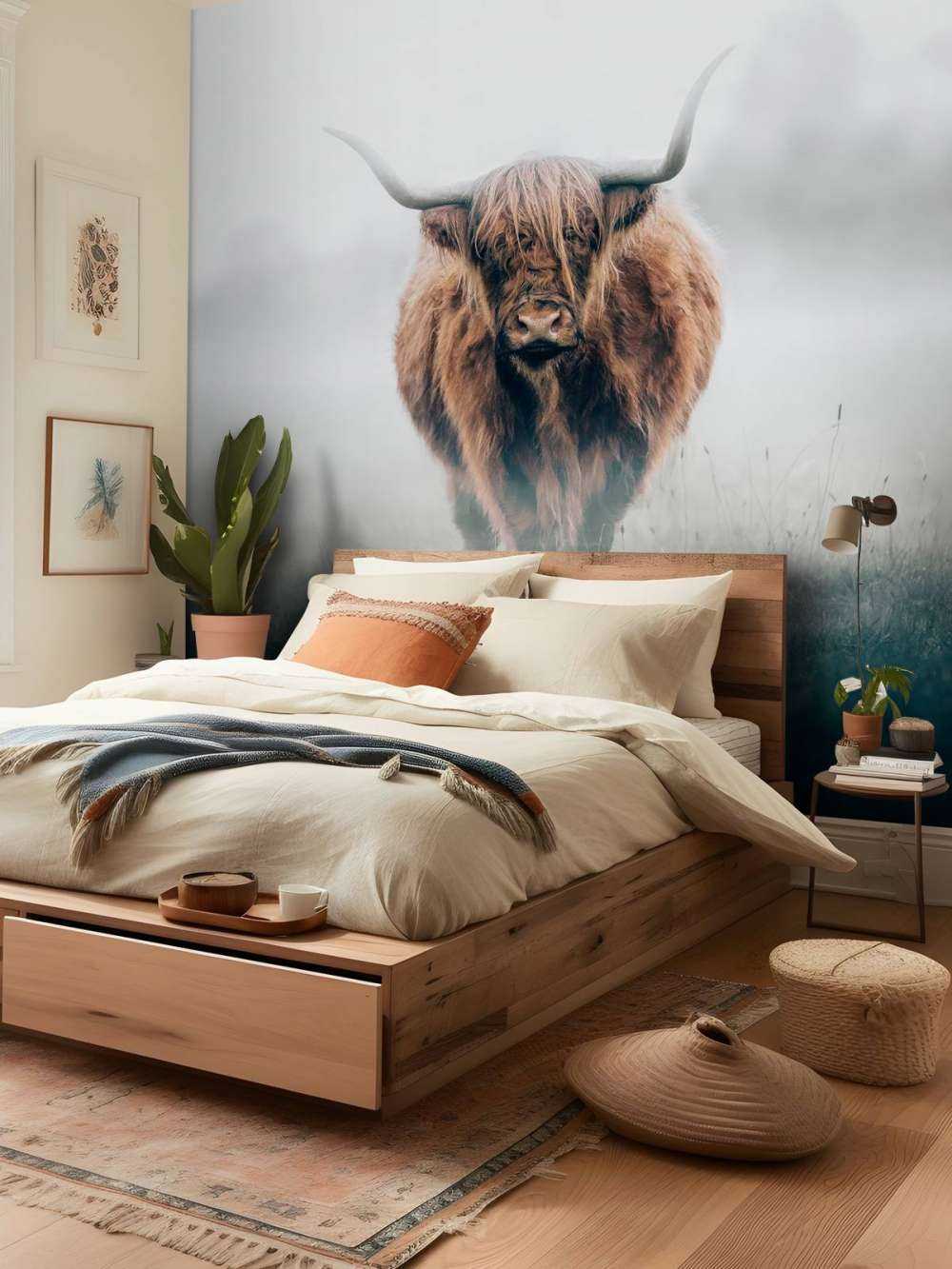 Schottischer Hochländer im dichten Nebel