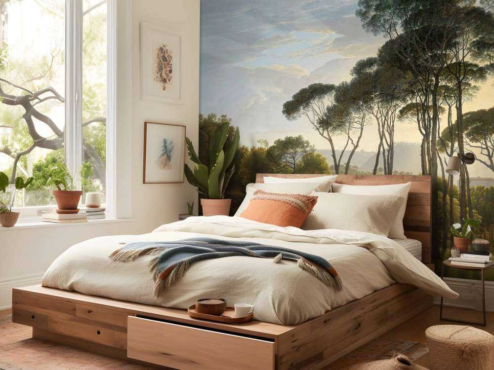 Italienische Landschaft mit Schirm Kiefern auf Fototapete