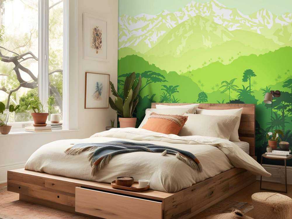Urwaldbäume und hohe Berge