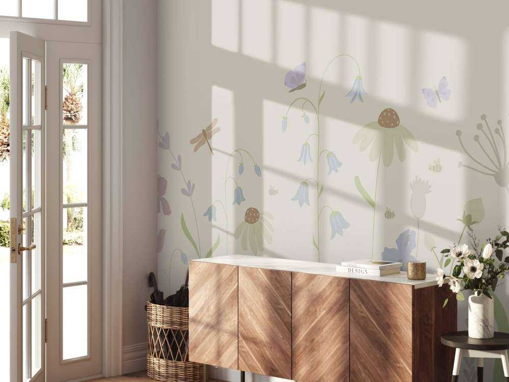 Blumenfeld hoch mit Schmetterlingen Sand, altrosa, grün und flieder