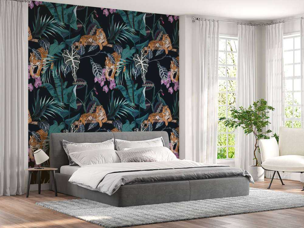 Tiger, Blätter und Blumen
