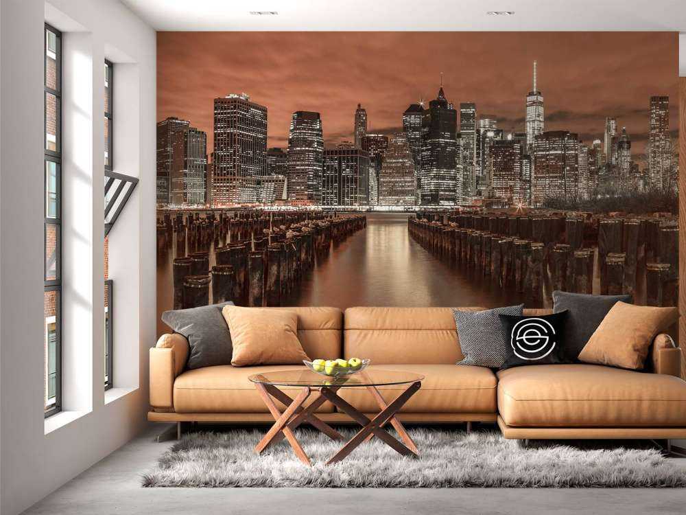 Skyline von Manhattan mit Wellenbrechern