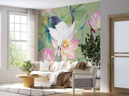 Kraniche zwischen Blumen