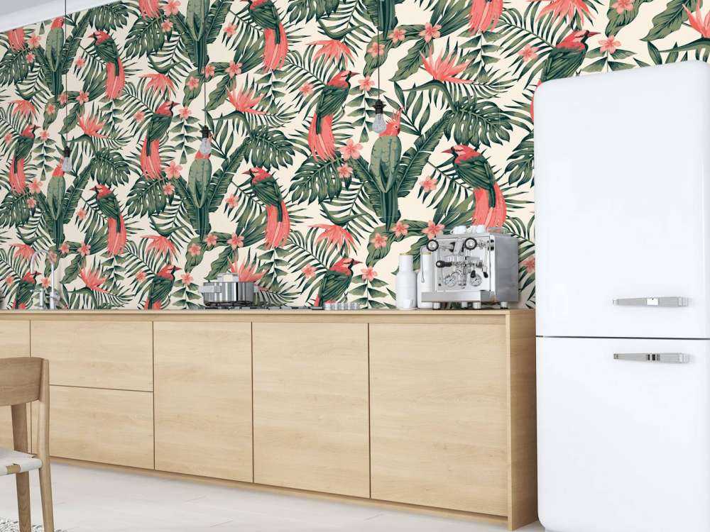 Tropische Pflanzen, Blumen und Vögel