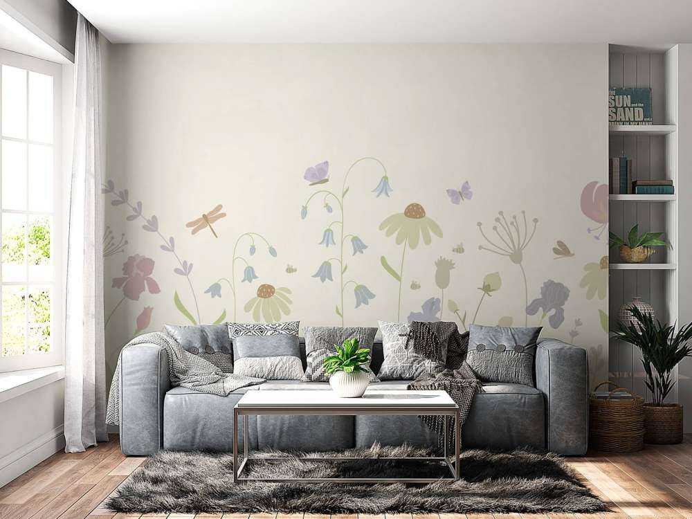 Blumenfeld hoch mit Schmetterlingen beige, altrosa, grün und flieder