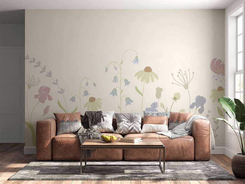 Blumenfeld in hochbeige, altrosa, grün und flieder
