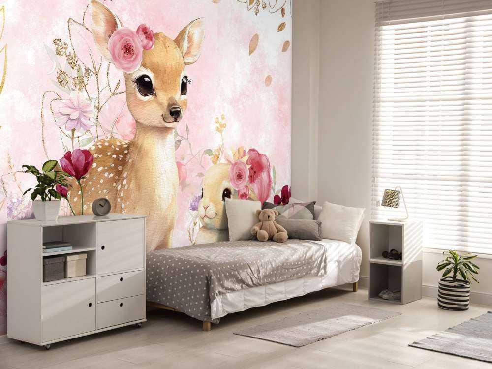 Hert und Kaninchen in Blumenpracht