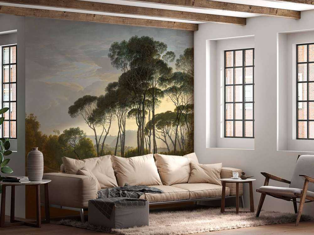 Italienische Landschaft mit Schirm Kiefern auf Fototapete