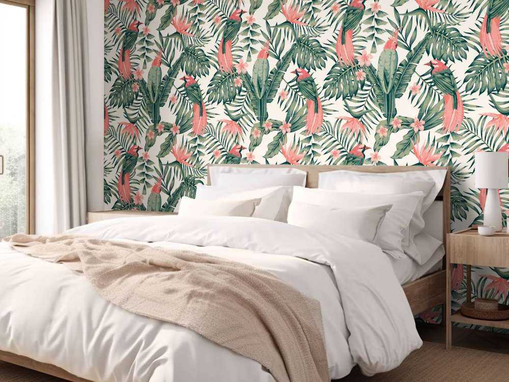 Tropische Pflanzen, Blumen und Vögel