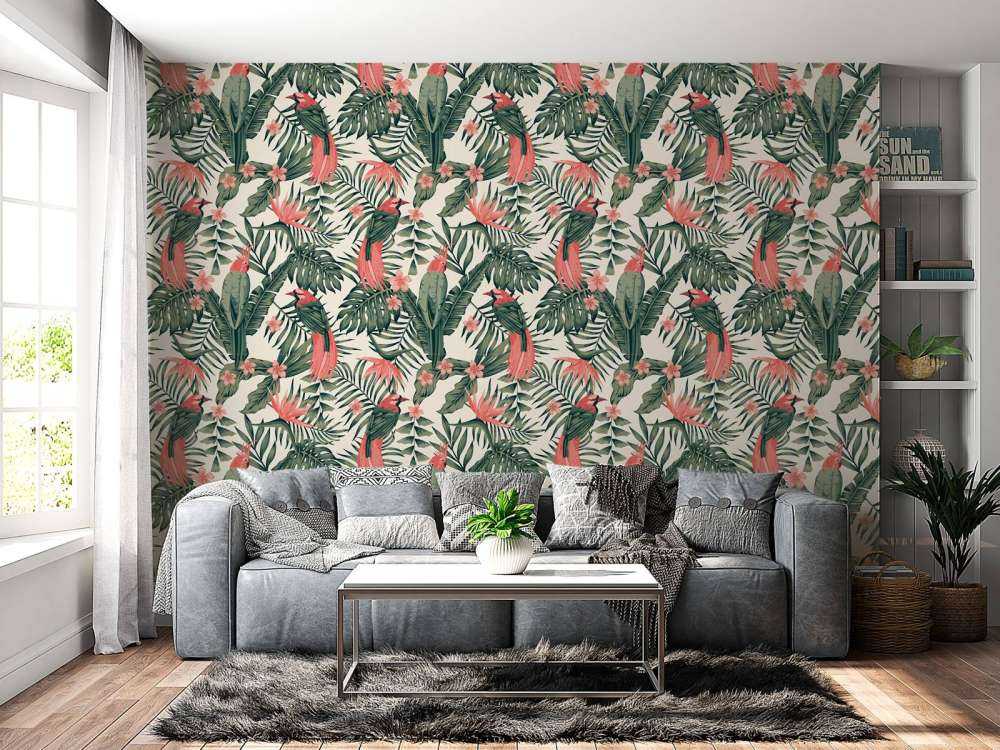 Tropische Pflanzen, Blumen und Vögel