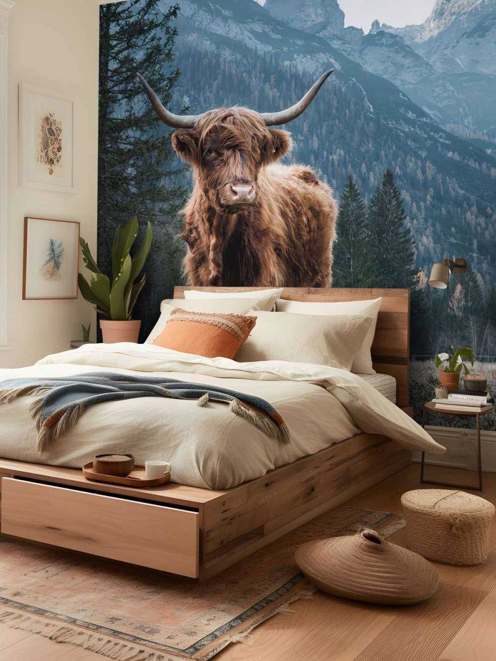 Schottischer Hochländer zwischen den Bäumen