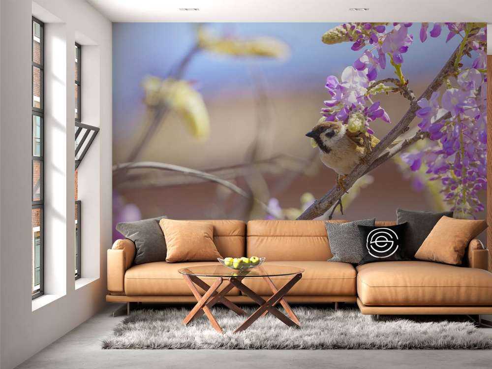 Spatz und lila Blumen