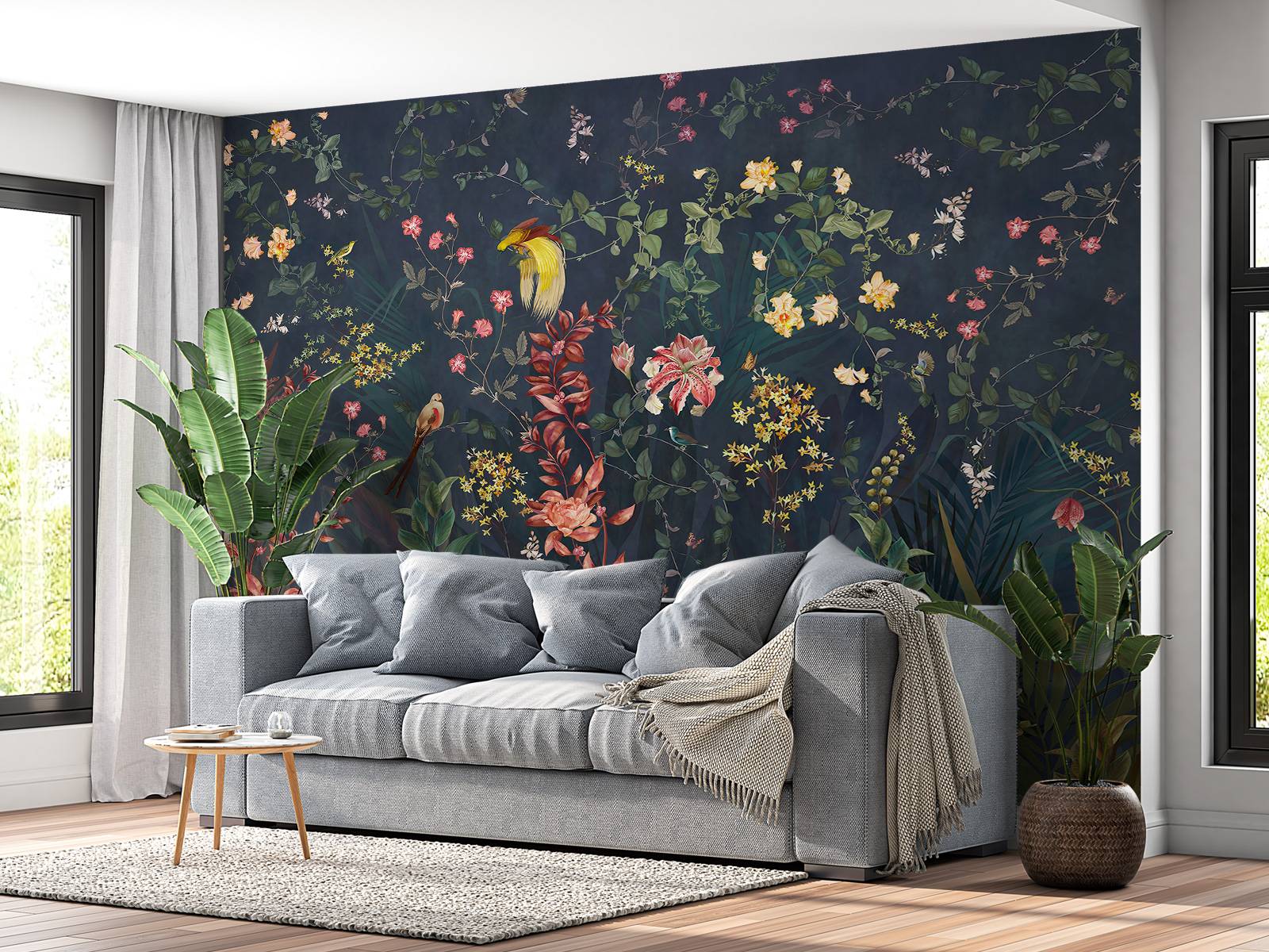 Dschungelblumen und Vögel