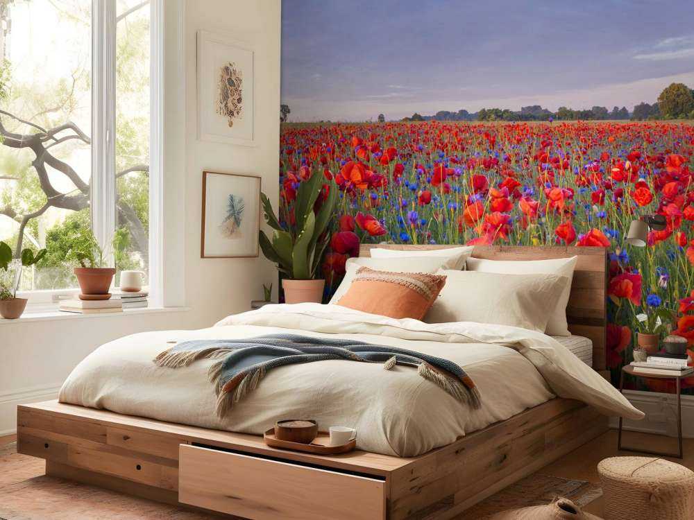 Blaue Blumen und rote Mohnblumen