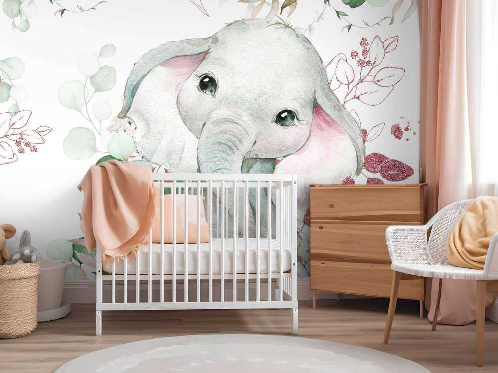 Elefantenbaby mit Minze und rosa Blättern
