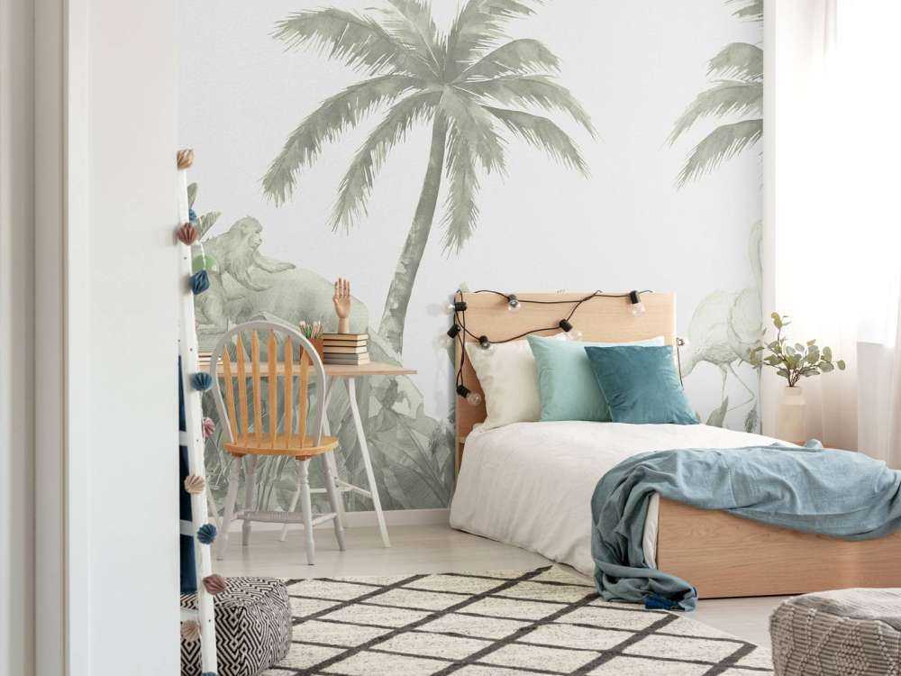 Affen und Flamingos in Grün