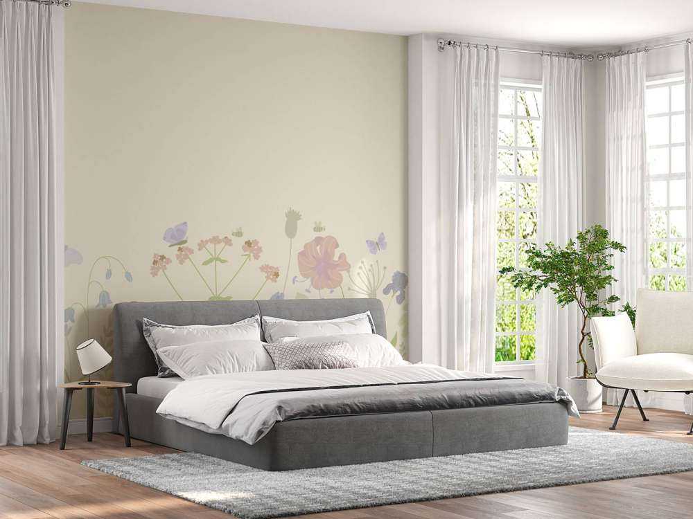 Blumenfeld mit Schmetterlingen beige, altrosa, grün und fliederfarben