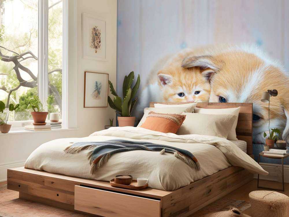 Katzentapete. Bild eines Kätzchens und eines Welpen.